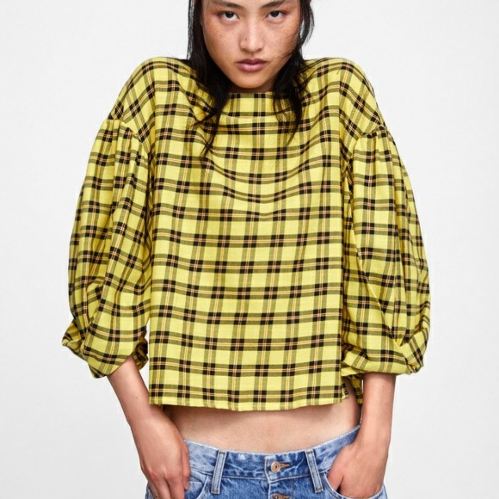 Zara Basic Yellow Plaid Puff Sleeve Blouse Womens Small